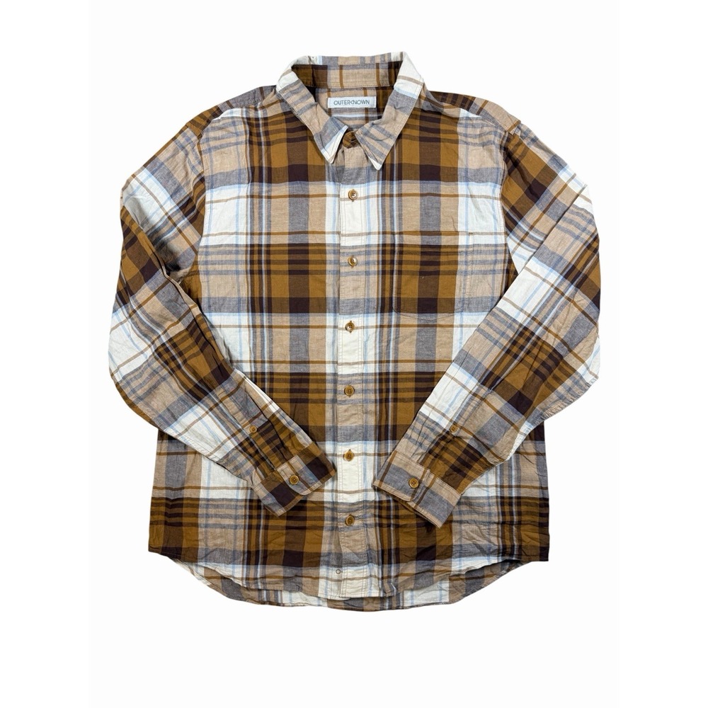 Outerknown Mens L Brown Plaid Organic Cotton Long Sleeve Button Down Shirt